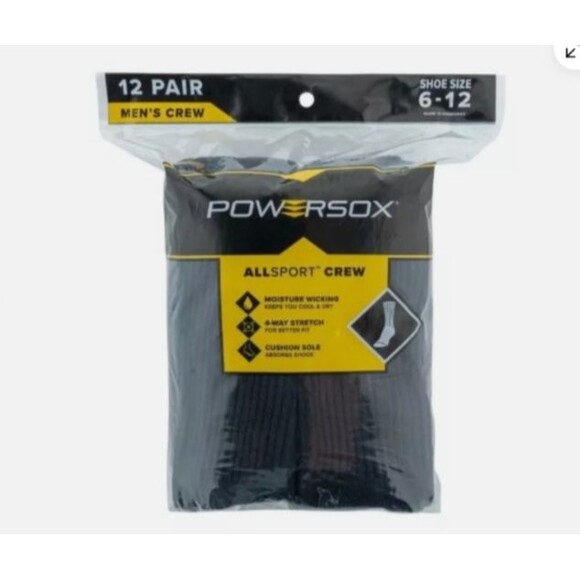 powersox 12 pair black crew socks l large mens shoe size 6 to 12 new - Picture 3 of 3